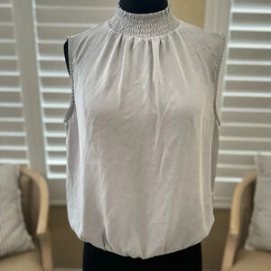 Express | Light Gray Sheer Smocked Neck Open Back Sleeveless Blouse - Size M